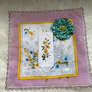 Three Vintage Cotton Hankerchief multi colored , three sizes